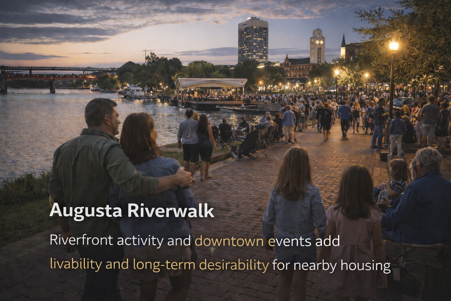 Augusta Riverwalk – Riverfront activity and downtown events add livability and long-term desirability for nearby housing.