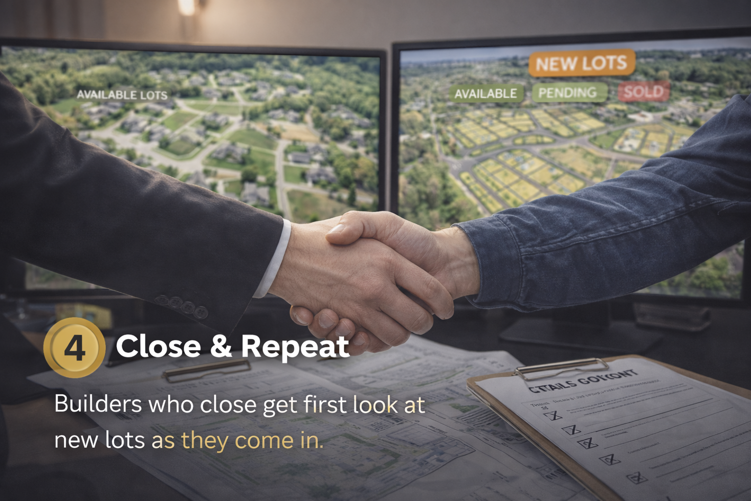 Step 4 - Close and Repeat. Builders who close get first look at new lots as they come in.