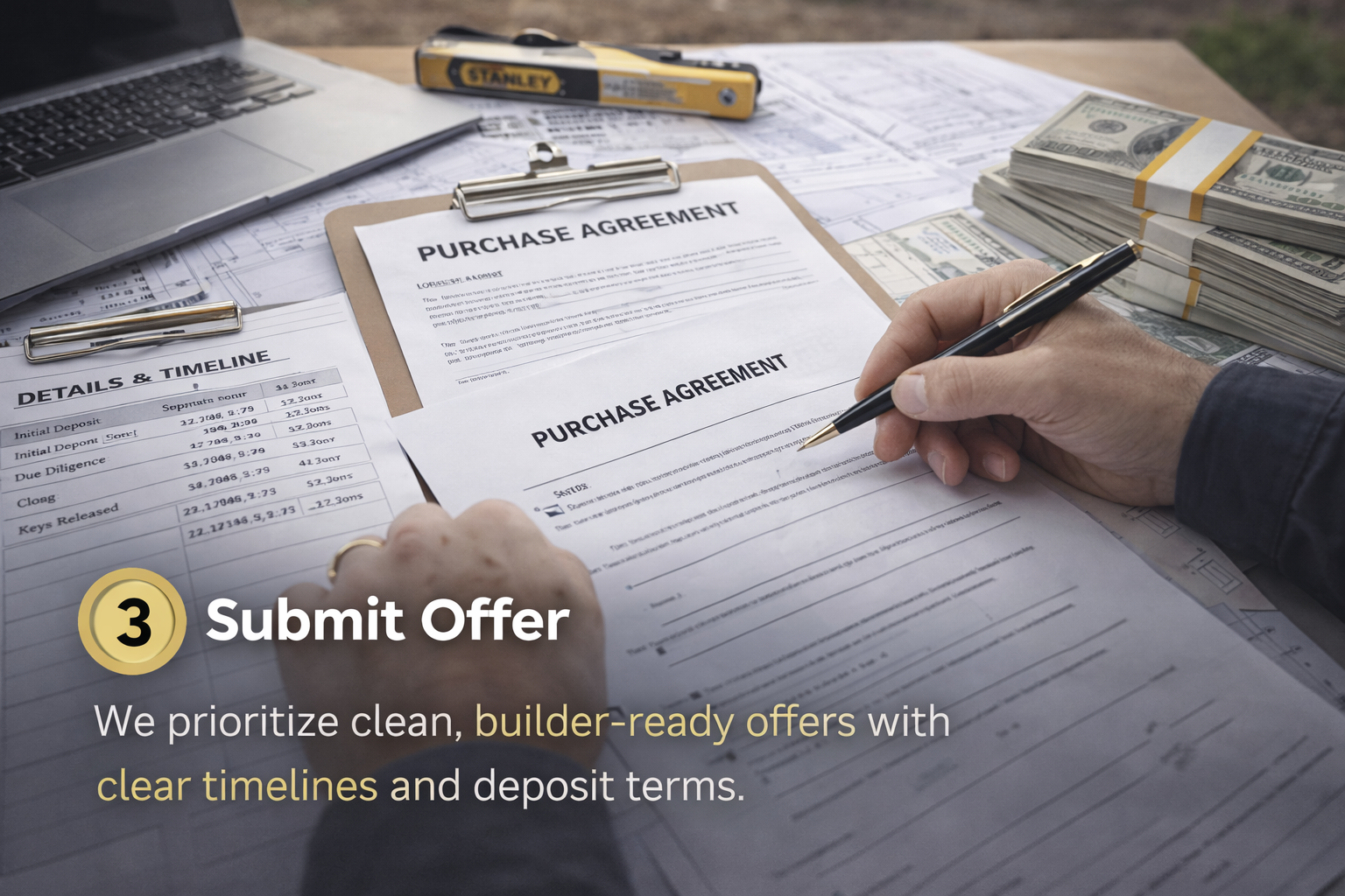 Step 3 - Submit Offer. We prioritize clean, builder-ready offers with clear timelines and deposit terms.