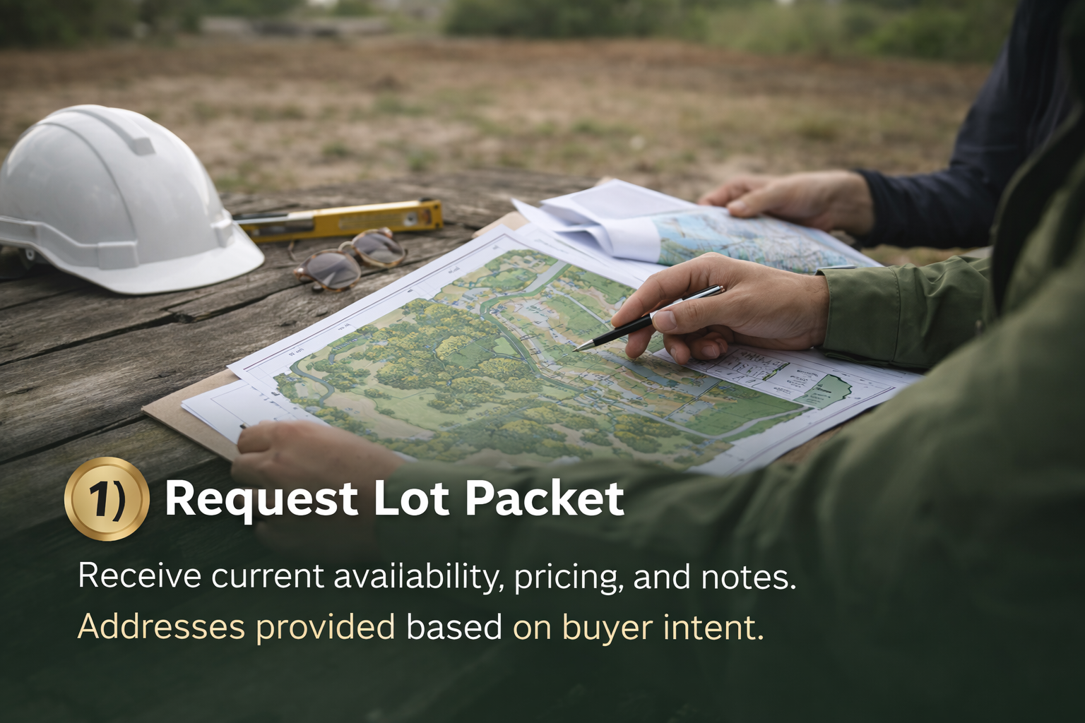 Step 1 - Request Lot Packet. Receive current availability, pricing, and notes. Addresses provided based on buyer intent.