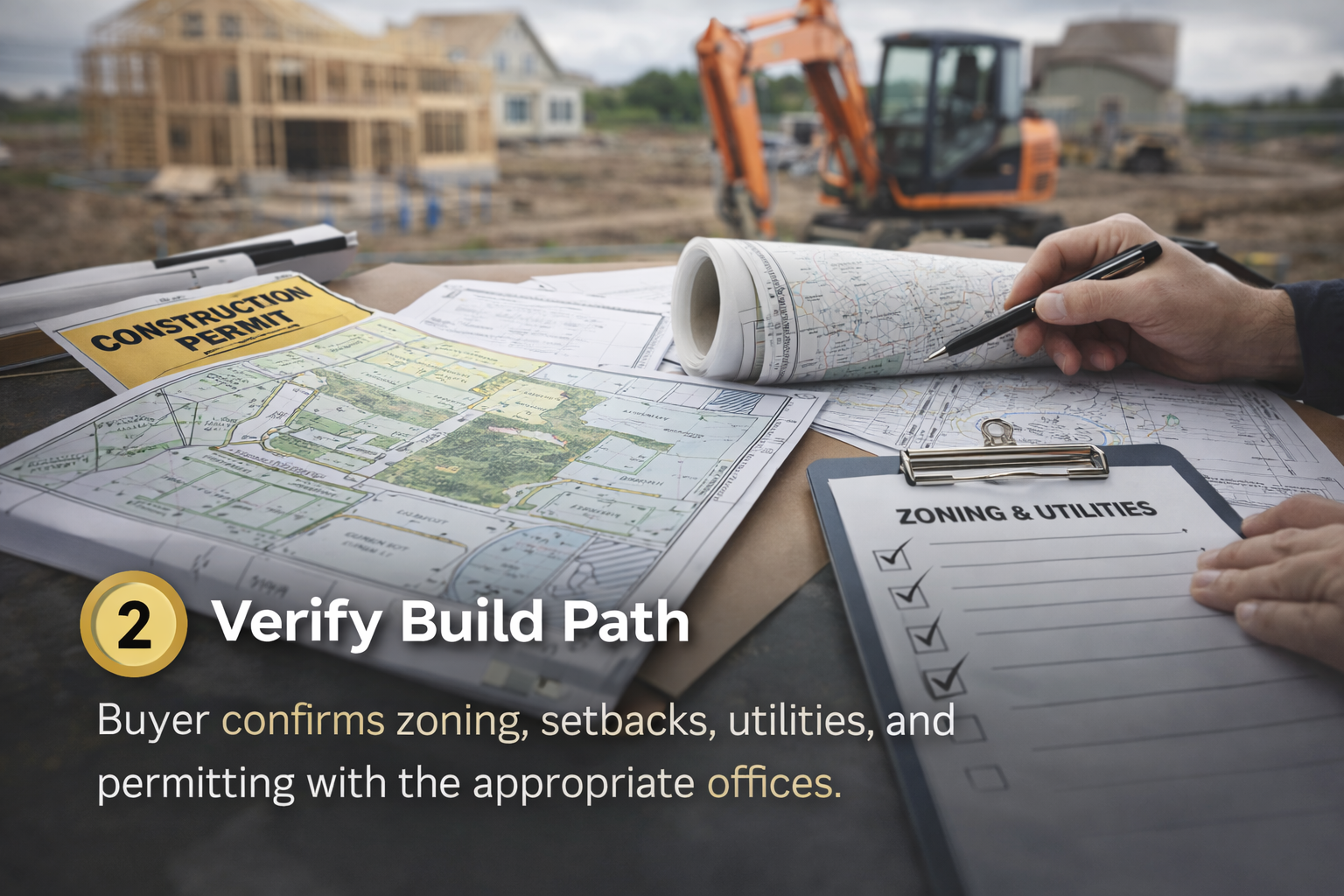 Step 2 - Verify Build Path. Buyer confirms zoning, setbacks, utilities, and permitting with the appropriate offices and professionals.